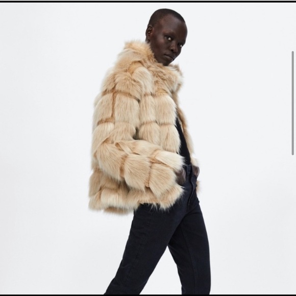 ZARA FUR COAT JACKET TAN BEIGE CREAM XS RARE - Picture 7 of 9